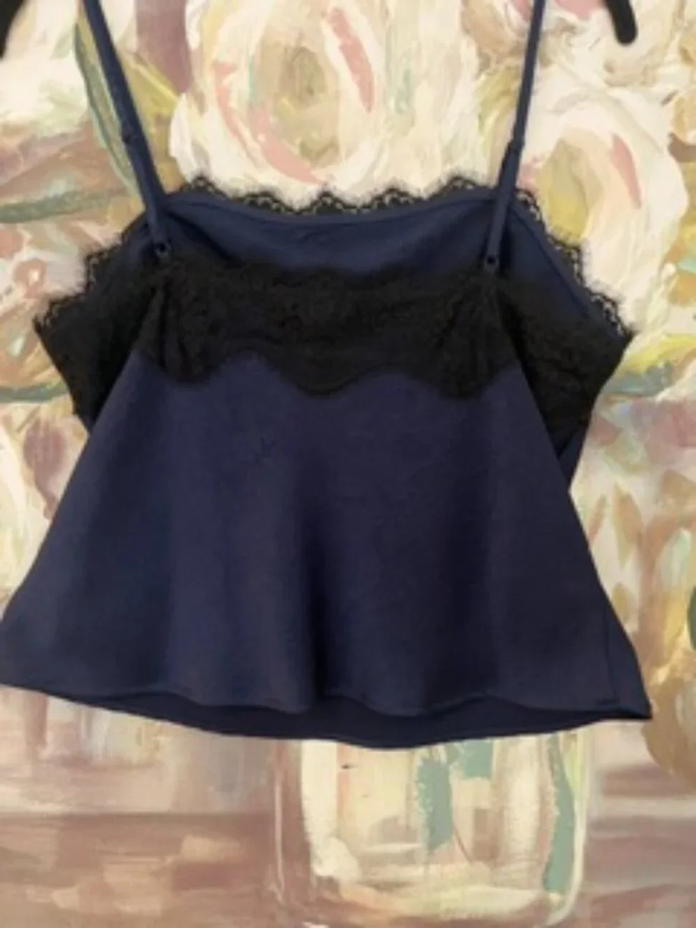 Navy Satin Lace Trim Camisole | Chic Sleeveless Cami Tank Top | Elegant Layering